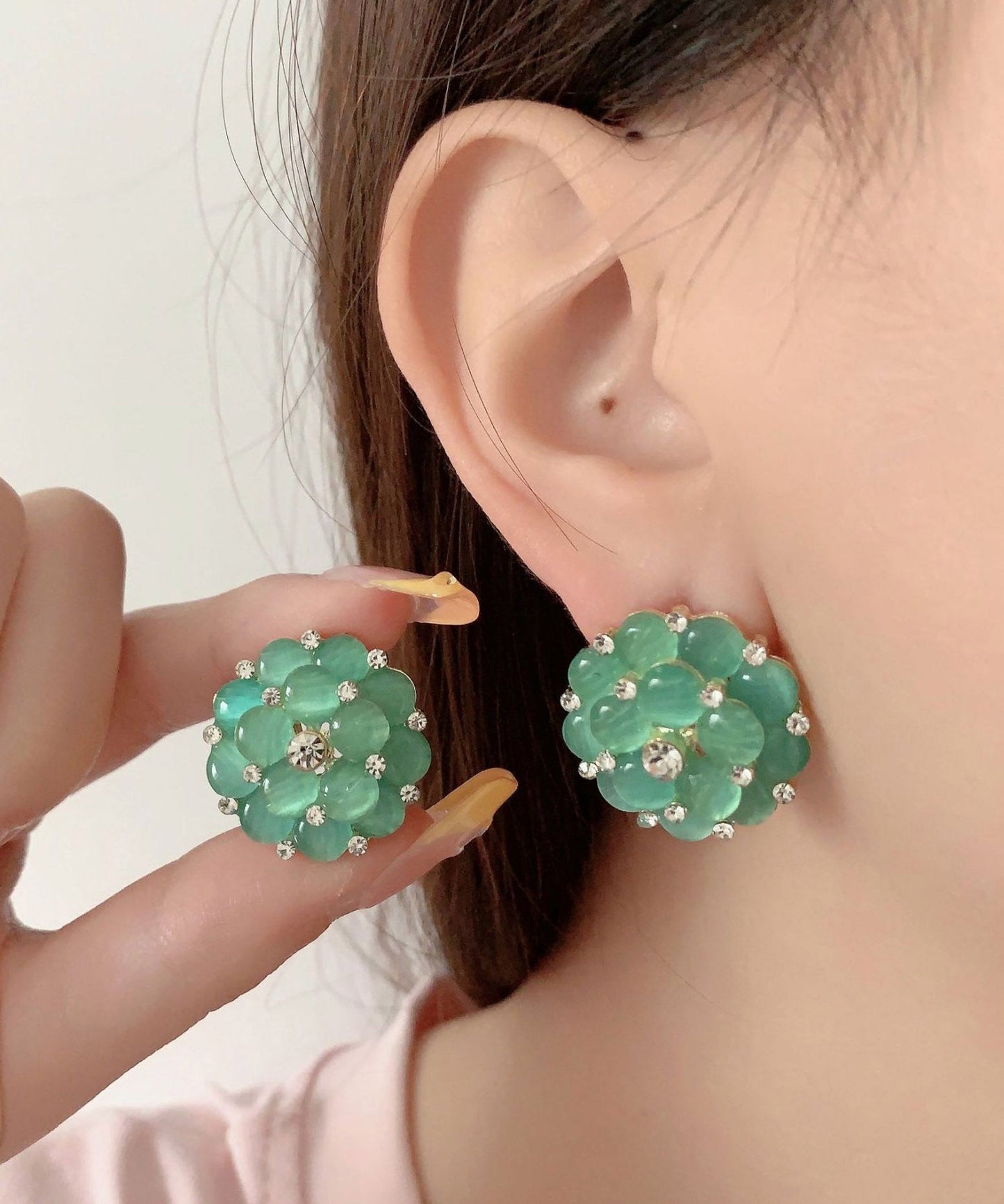 Stylish Green Alloy Zircon Floral Cat's Eye Stud Earrings