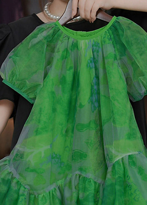 Stylish Green O-Neck Patchwork Tulle Girls Vacation Long Dresses Summer