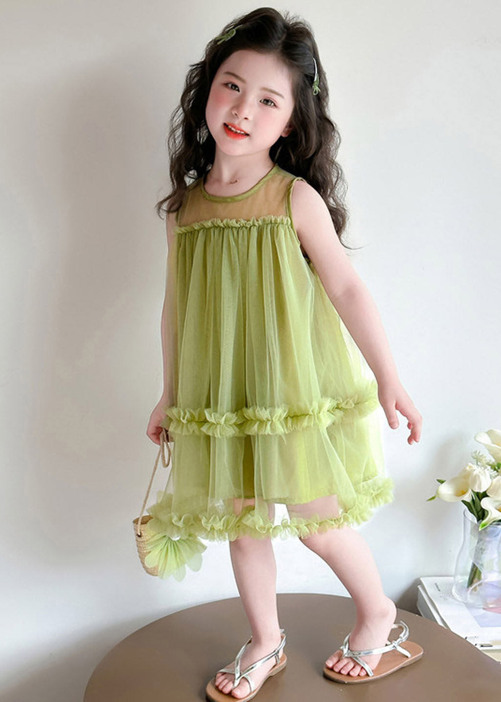 Stylish Green O-Neck Ruffled Tulle Kids Maxi Dresses Sleeveless