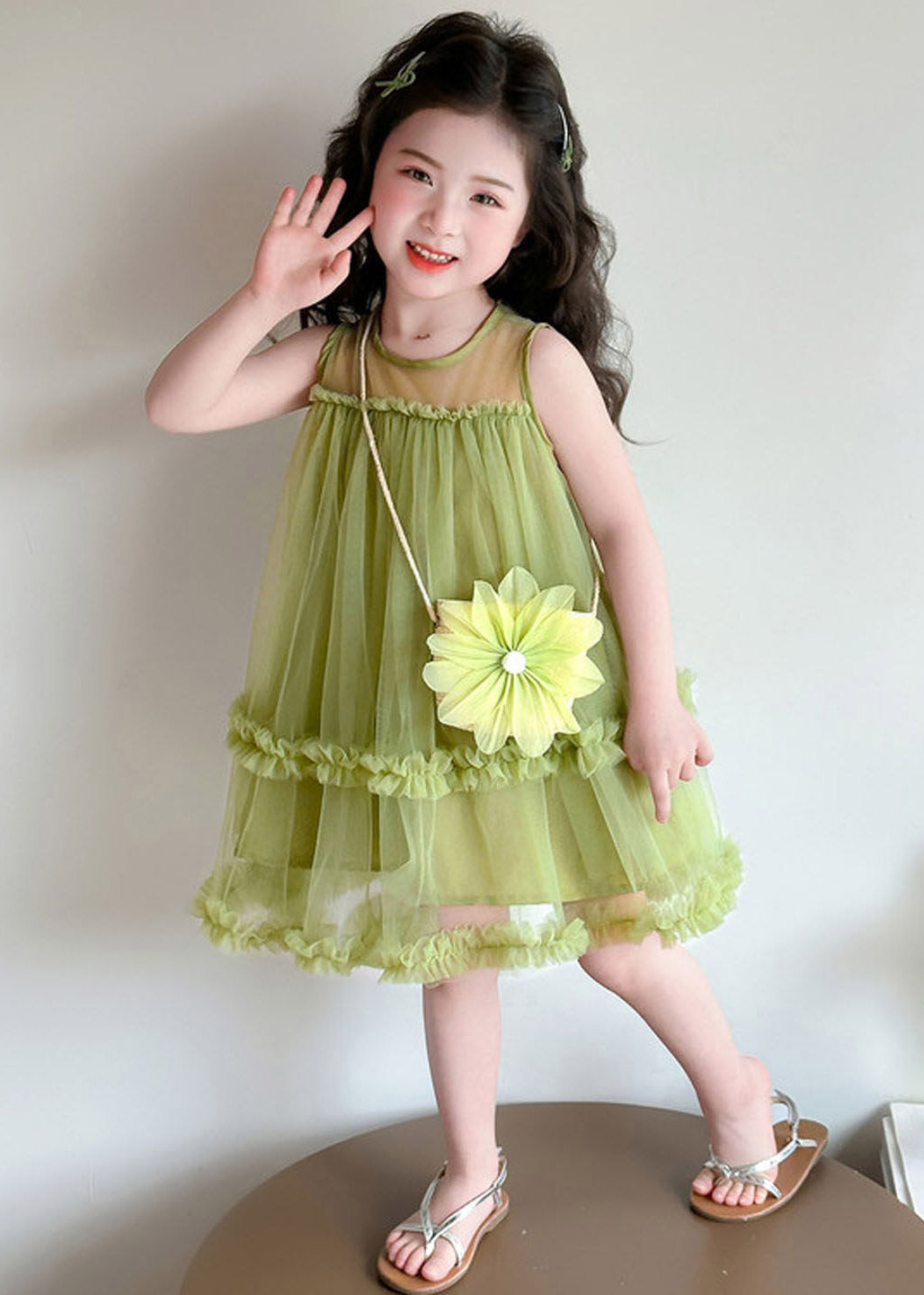 Stylish Green O-Neck Ruffled Tulle Kids Maxi Dresses Sleeveless