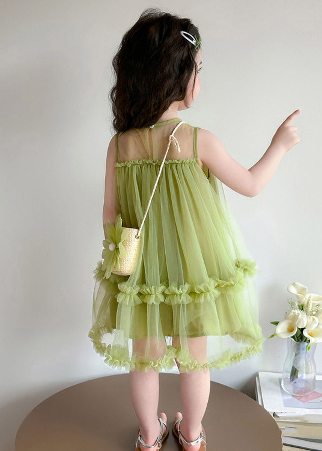 Stylish Green O-Neck Ruffled Tulle Kids Maxi Dresses Sleeveless