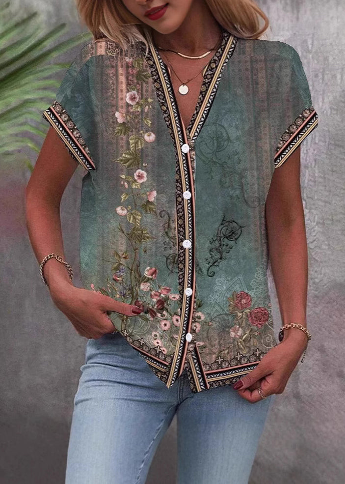 Stylish Green V Neck Print Chiffon Shirt Top Summer