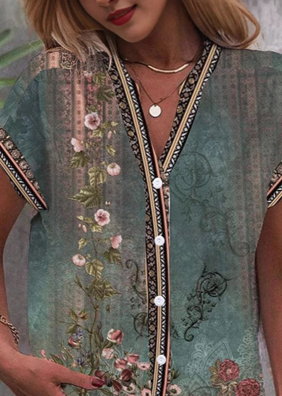 Stylish Green V Neck Print Chiffon Shirt Top Summer