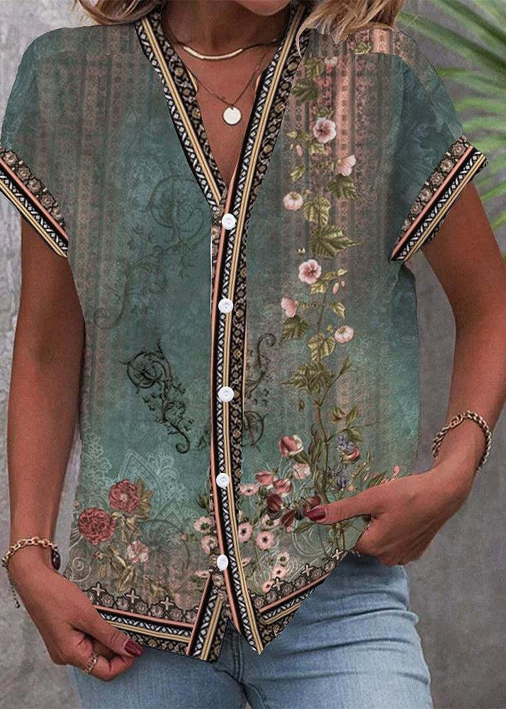 Stylish Green V Neck Print Chiffon Shirt Top Summer