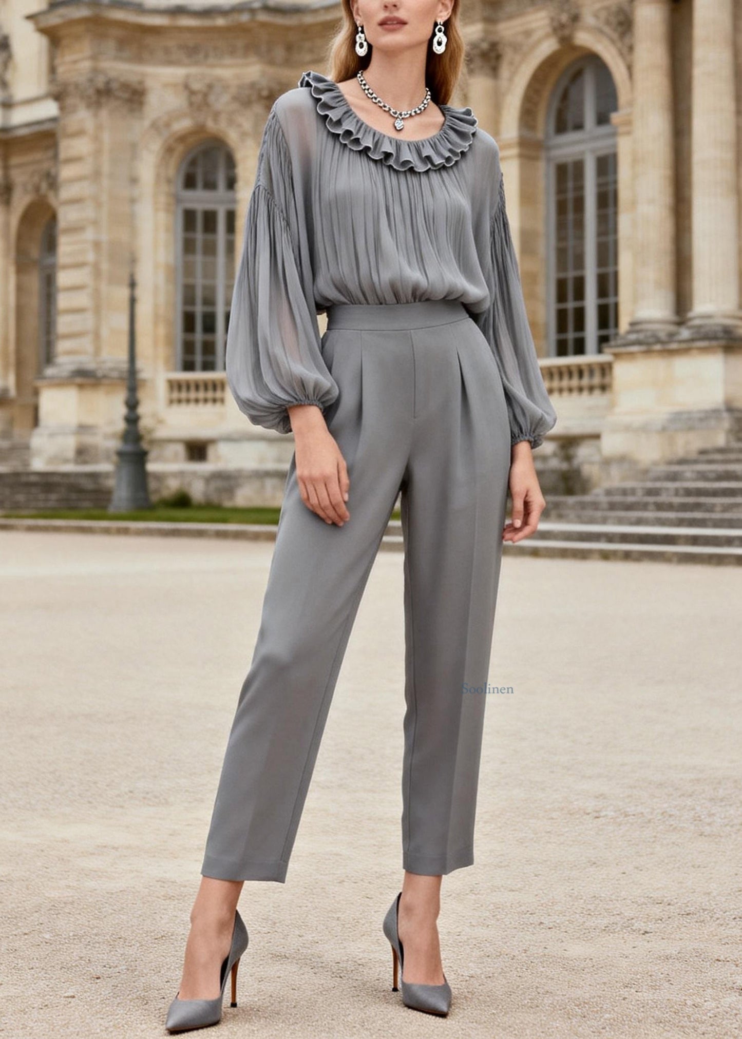 Stylish Grey Ruffled Chiffon Tops And Spandex Crop Pants Two Piece Set Spring