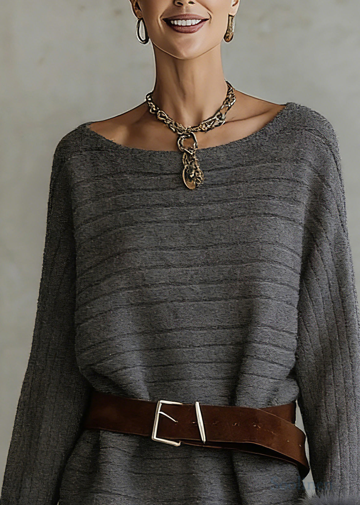 Stylish Grey Slash Neck Striped Cotton Knit Sweater Spring