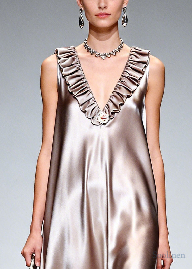 Stylish Khaki Ruffled Exra Large Hem Silk Long Dress Sleeveless