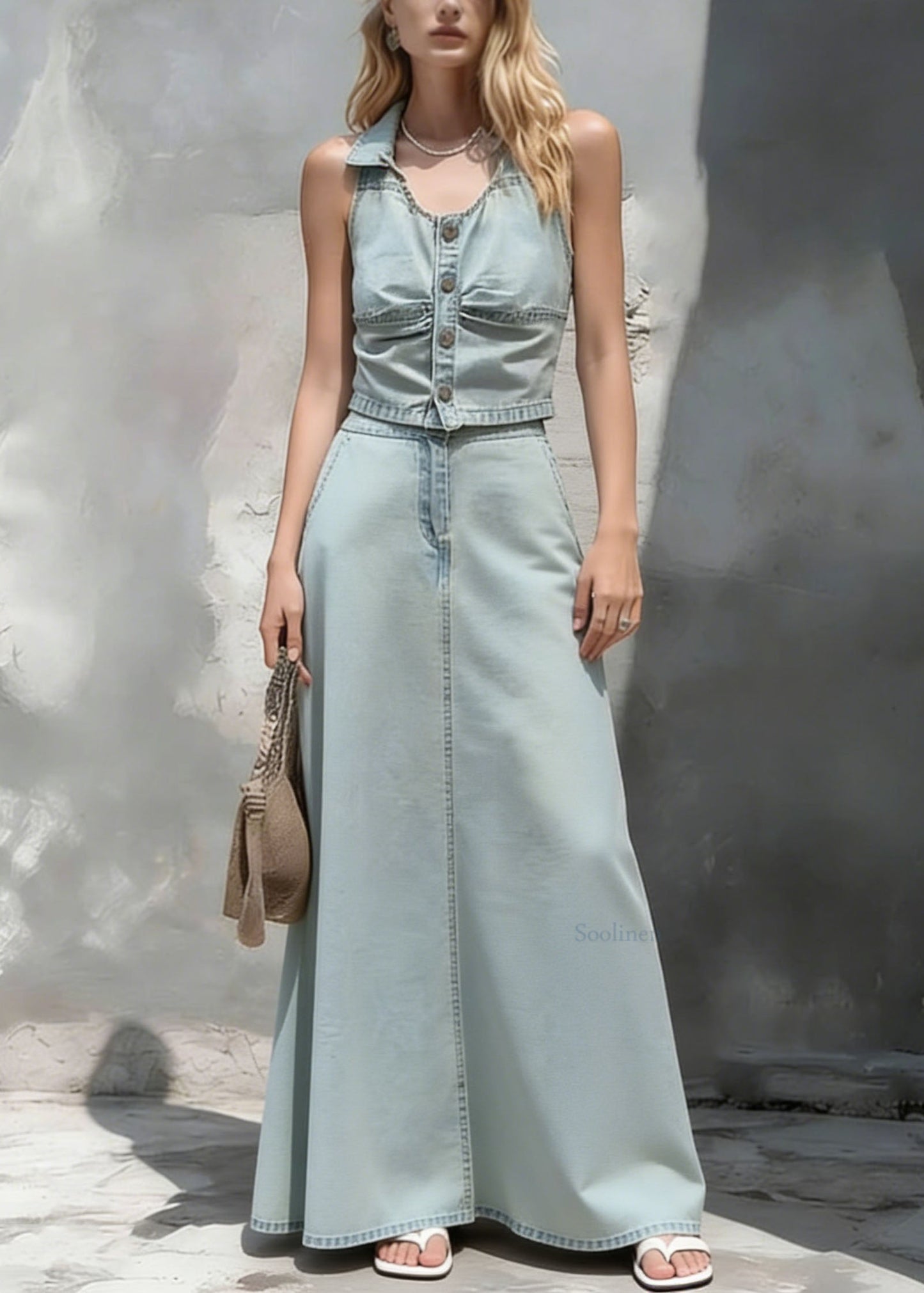 Stylish Light Blue Top And Skirts Denim Two Pieces Set Summer
