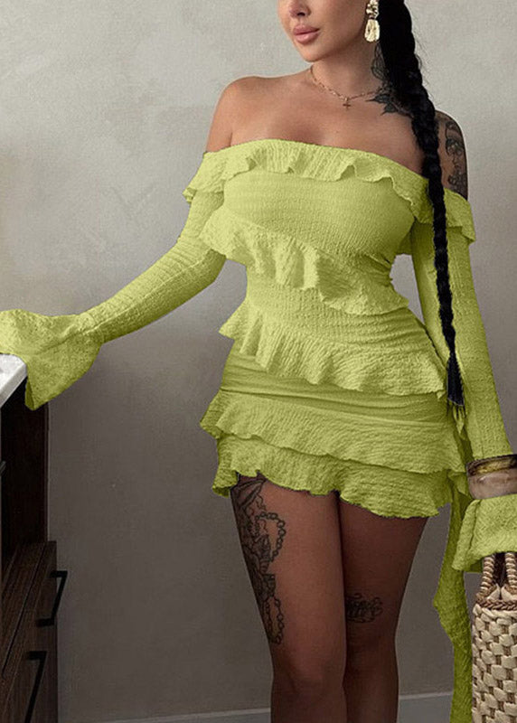 Stylish Light Green Slash Neck Ruffled Ribbon Vacation Mid Dresses Summer