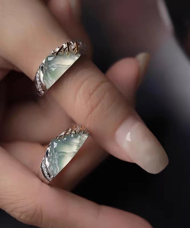 Stylish Mountains And Rivers Jade Silver Couple's Rings