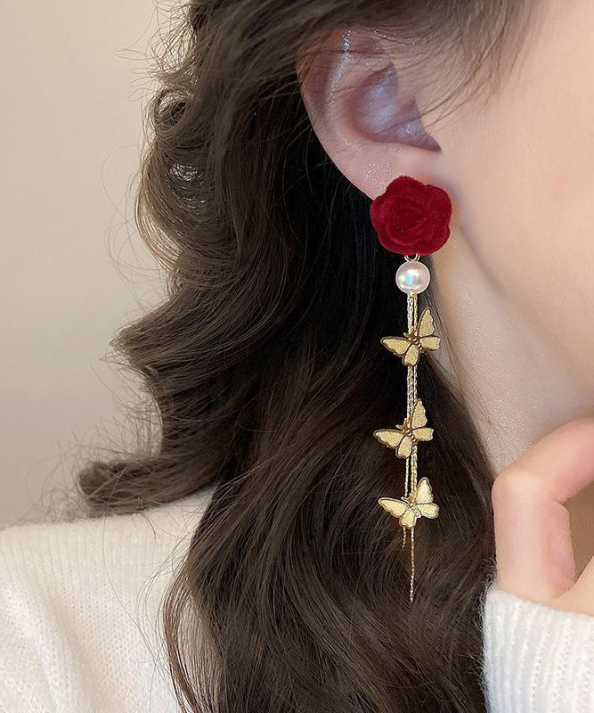 Stylish Mulberry Sterling Silver Alloy Flocking Pearl Floral Butterfly Drop Earrings