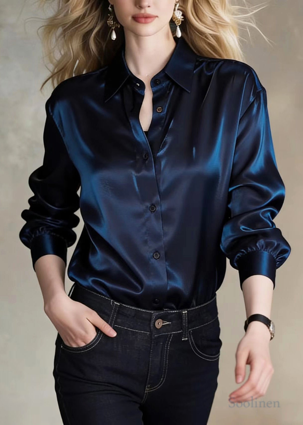 Stylish Navy Peter Pan Collar Draping Silk Shirt Top Spring