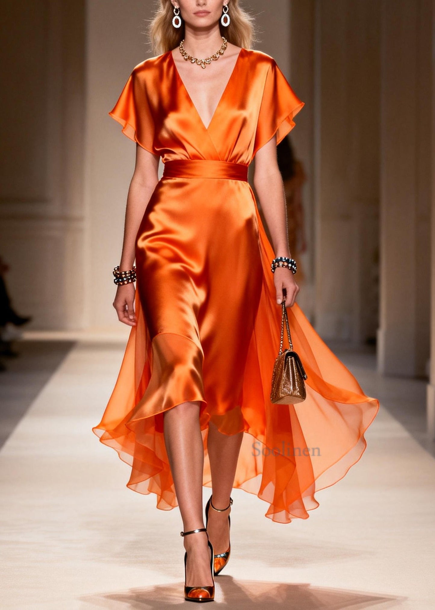 Stylish Orange Exra Large Hem Draping Chiffon Vacation Dresses Summer