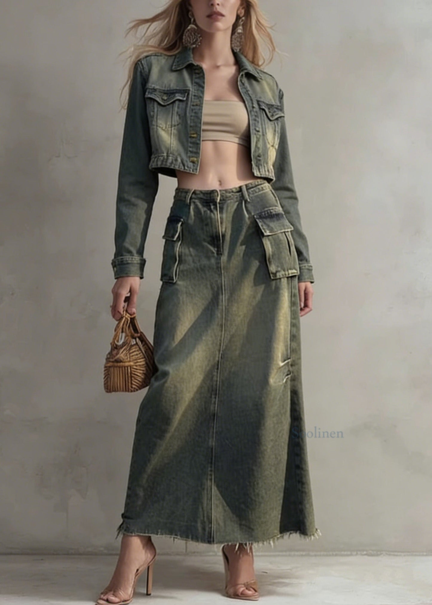 Stylish Peter Pan Collar Coat And Skirts Denim Two Pieces Set Spring