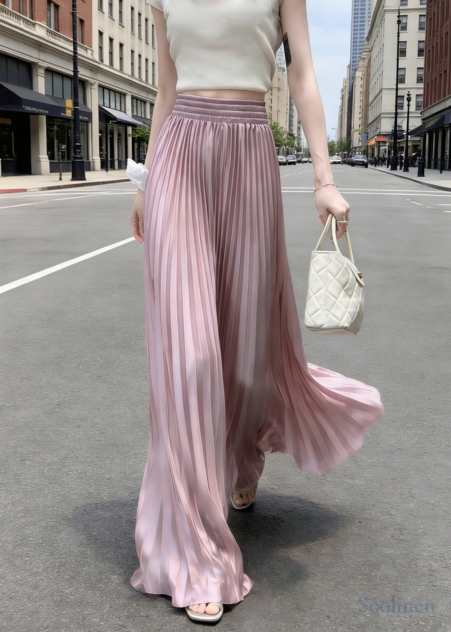 Stylish Pink Elastic Waist Exra Large Hem Satin Pleated Skirts Spring