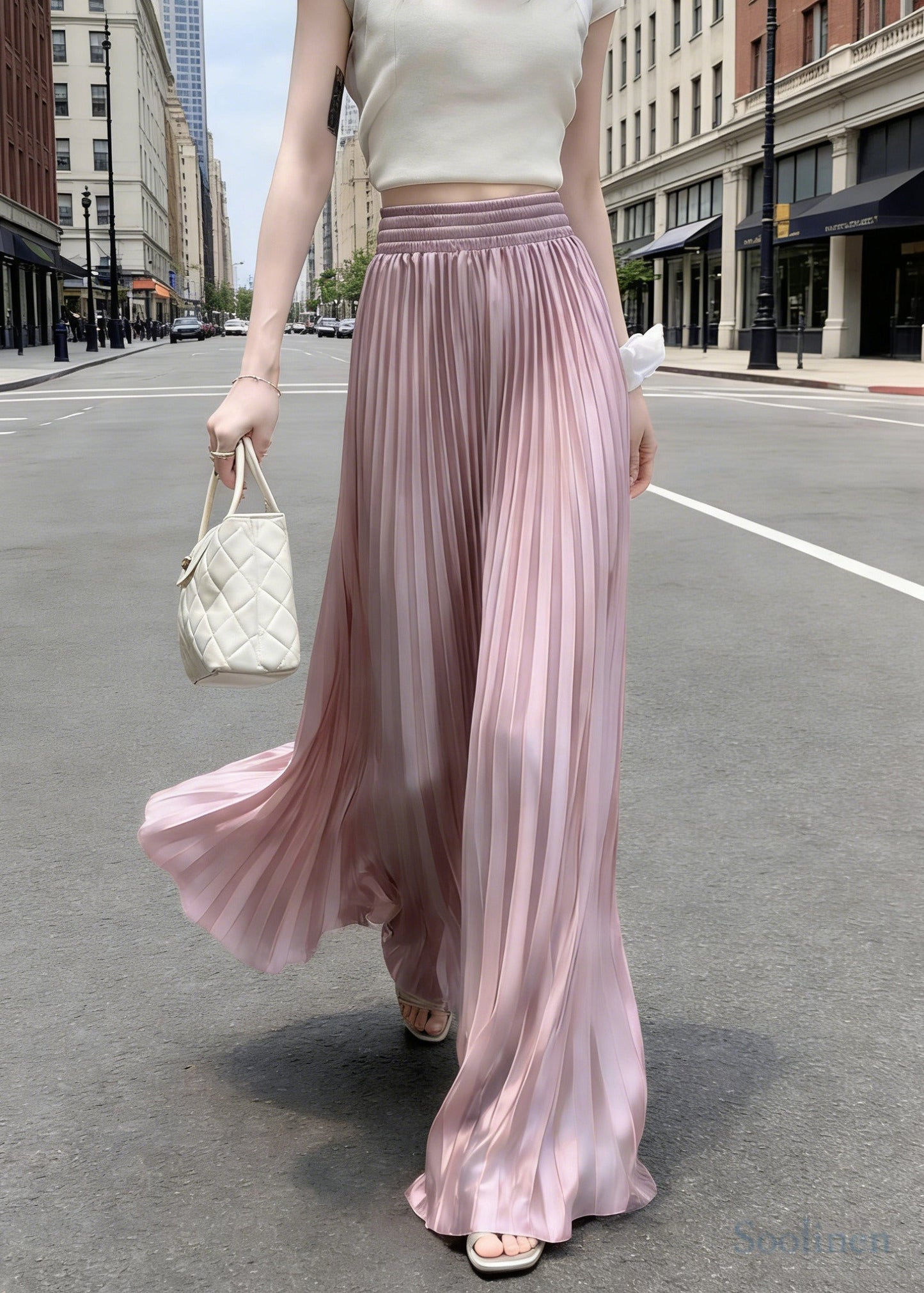 Stylish Pink Elastic Waist Exra Large Hem Satin Pleated Skirts Spring