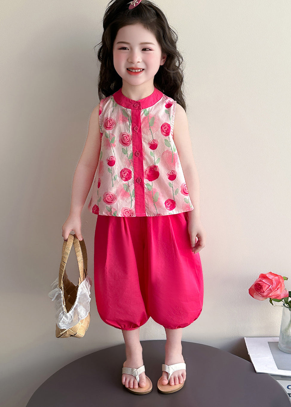 Stylish Pink Print Cotton Baby Girls Two Pieces Set Summer
