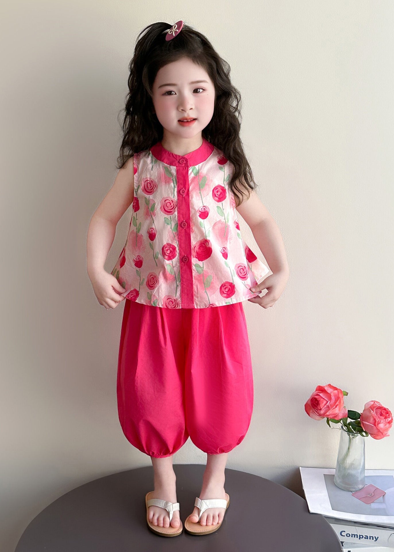 Stylish Pink Print Cotton Baby Girls Two Pieces Set Summer