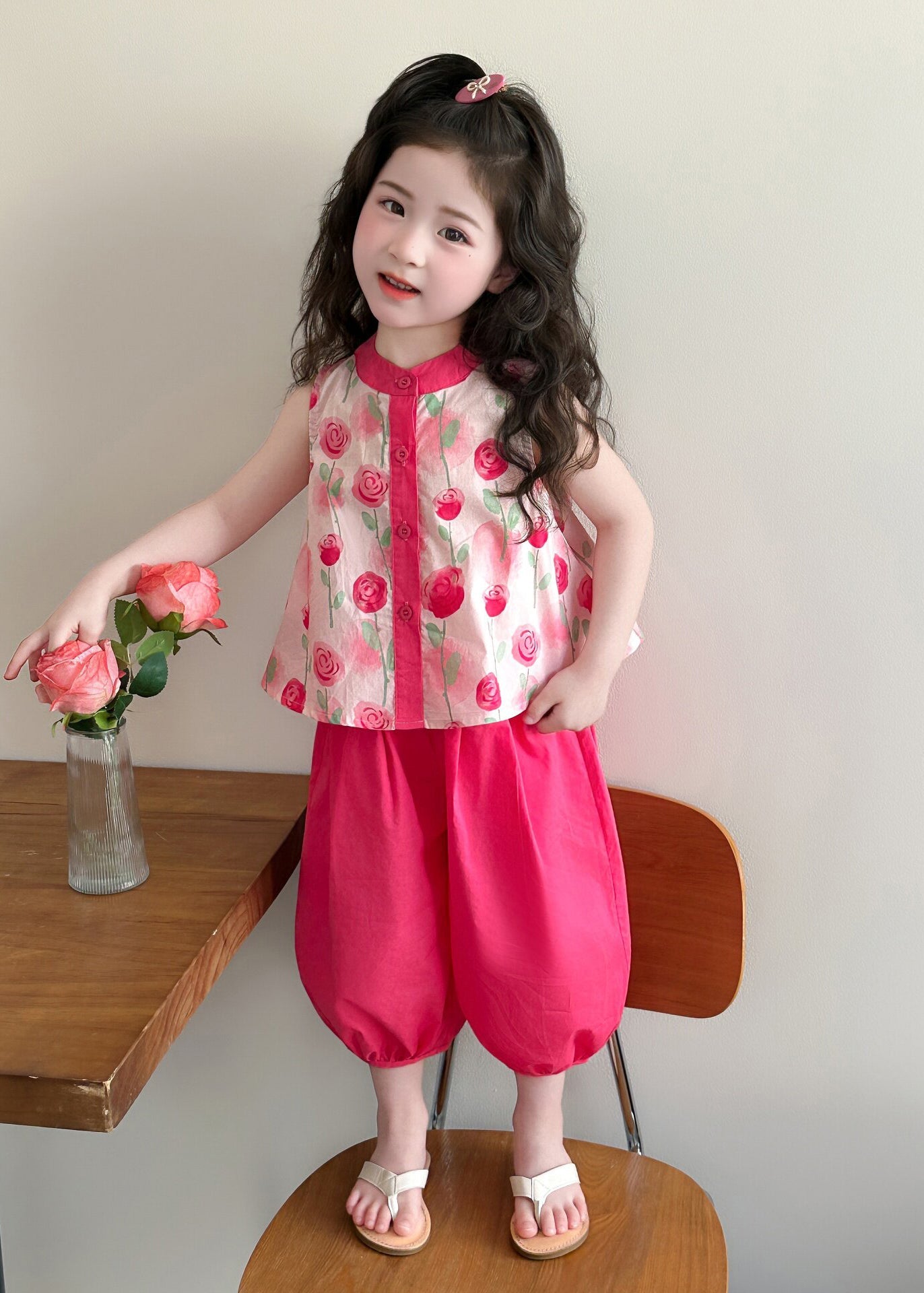 Stylish Pink Print Cotton Baby Girls Two Pieces Set Summer