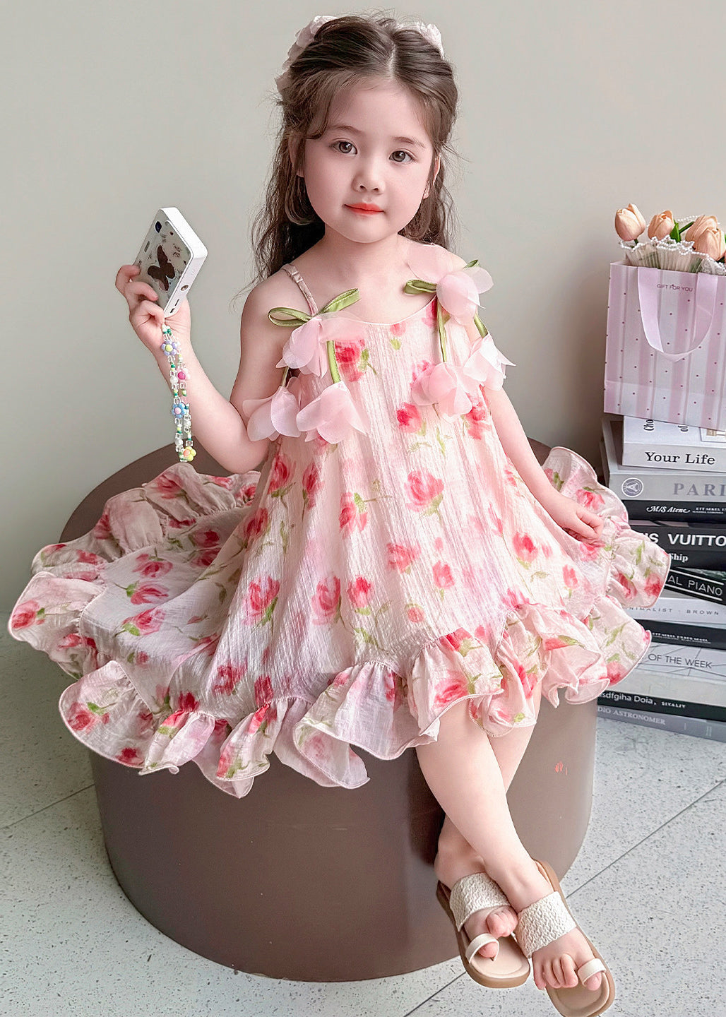 Stylish Pink Ruffled Floral Cotton Baby Girls Mini Dress Summer