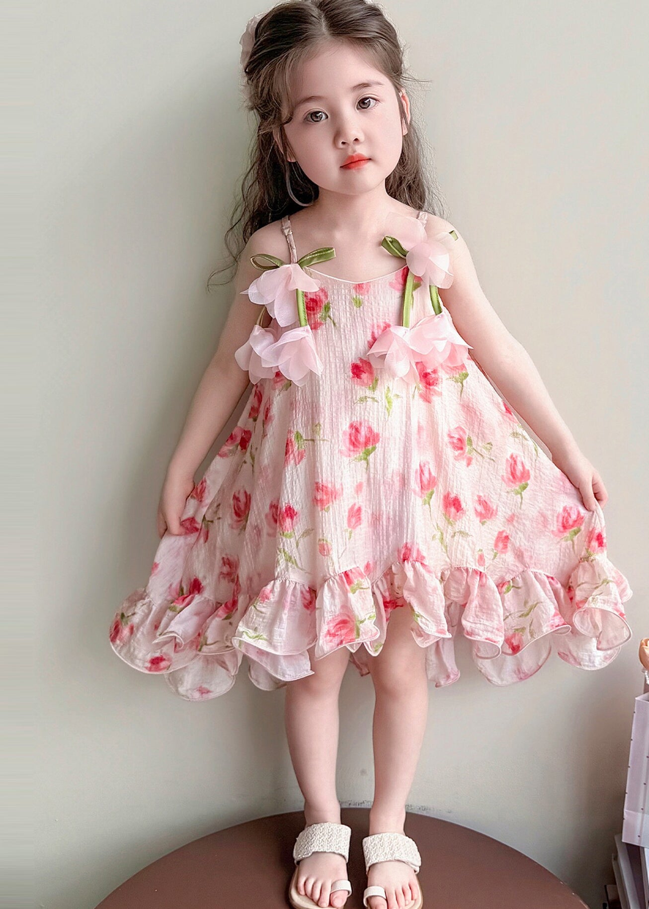 Stylish Pink Ruffled Floral Cotton Baby Girls Mini Dress Summer