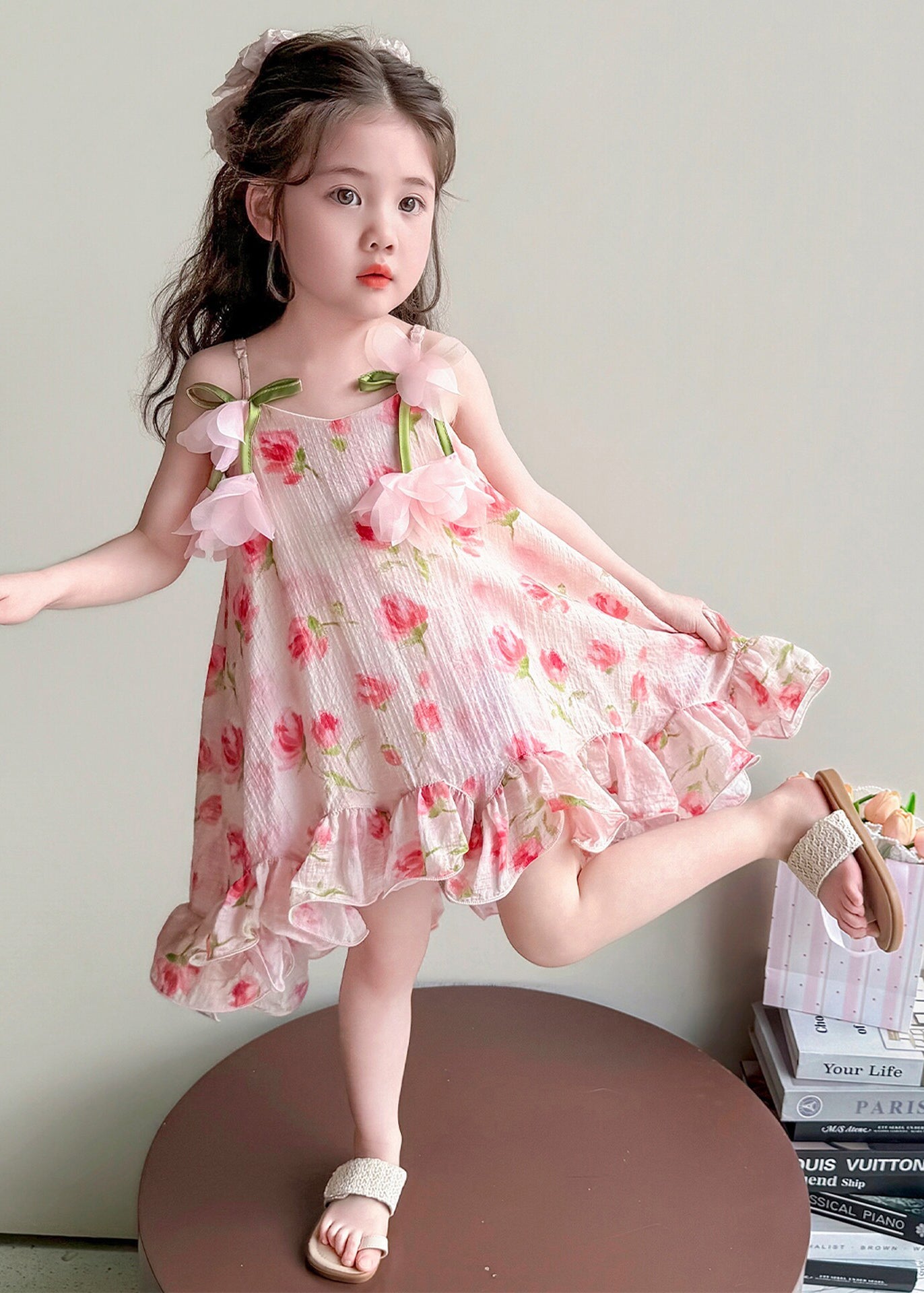 Stylish Pink Ruffled Floral Cotton Baby Girls Mini Dress Summer