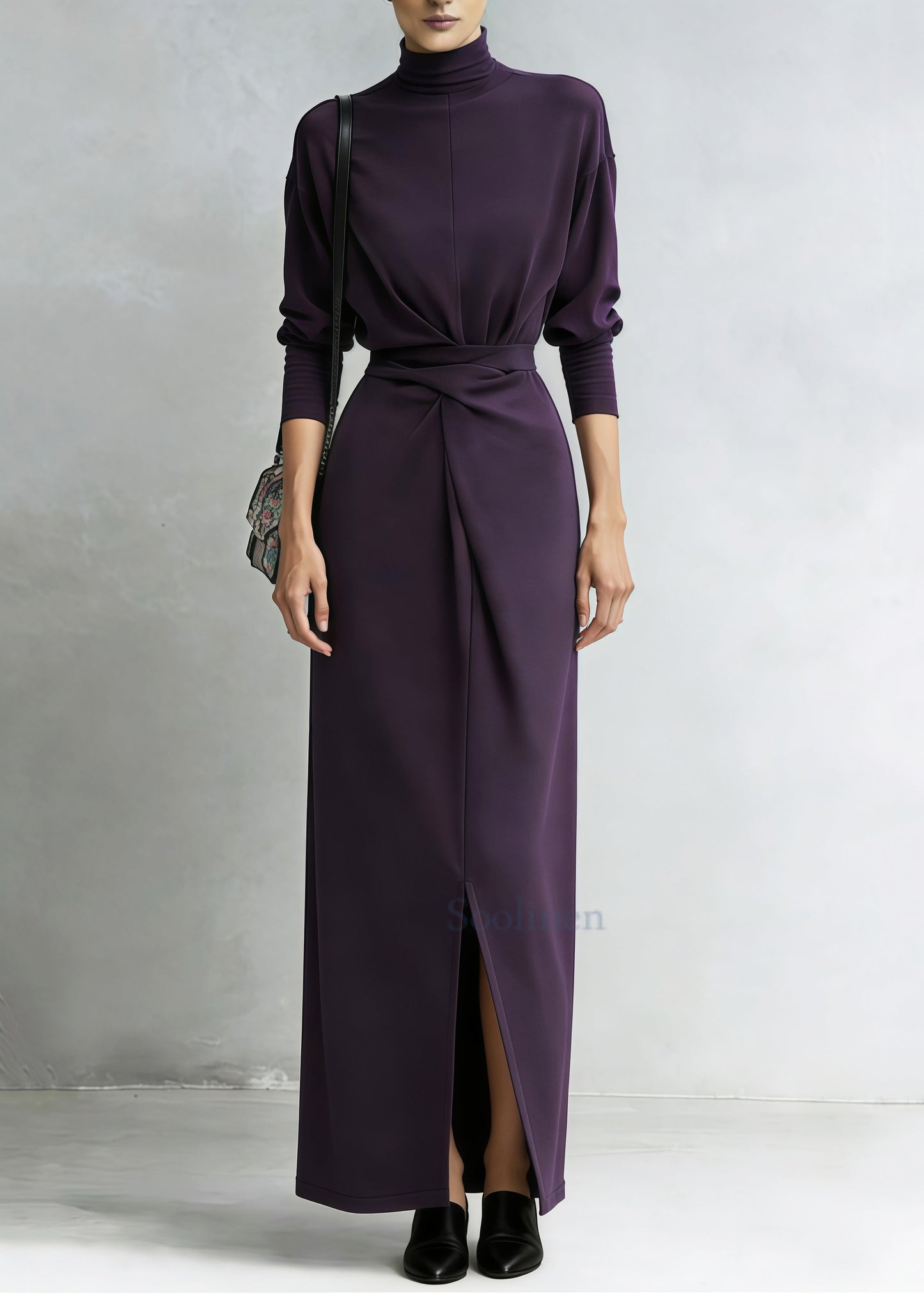 Stylish Purple Cinched Side Open Cotton Long Dresses Spring