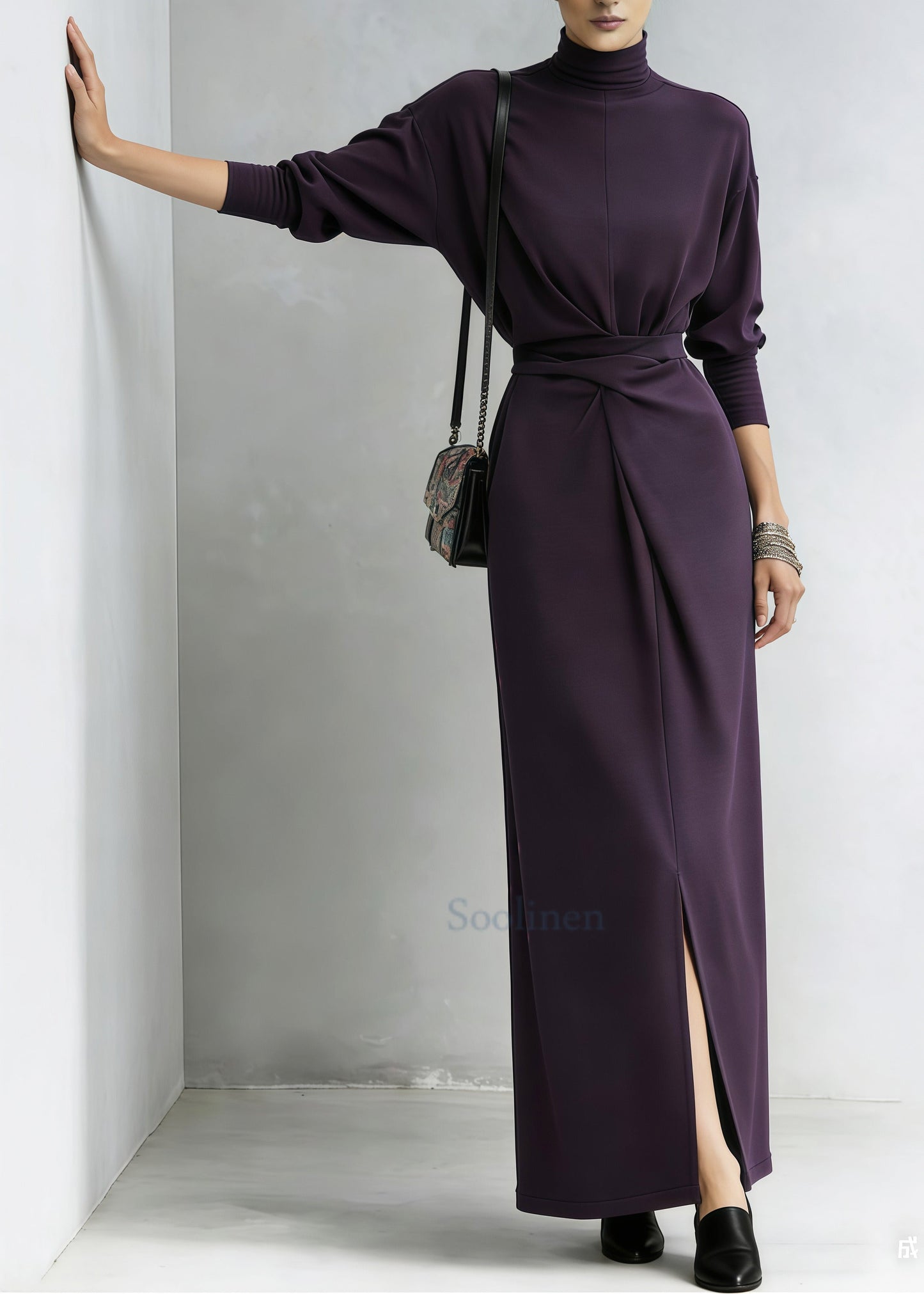 Stylish Purple Cinched Side Open Cotton Long Dresses Spring