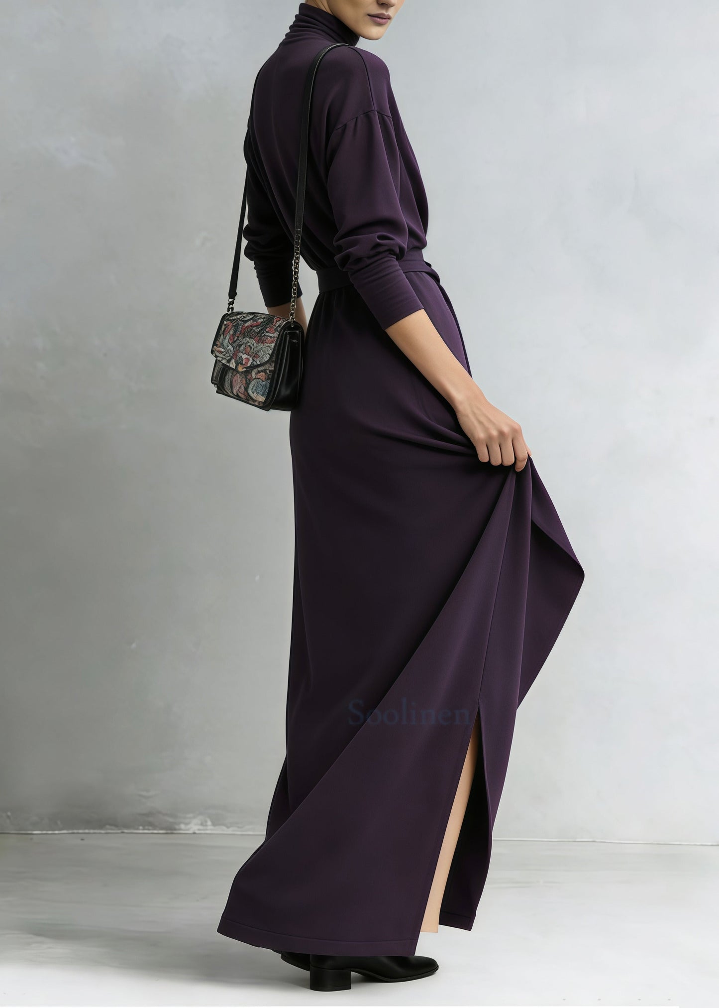 Stylish Purple Cinched Side Open Cotton Long Dresses Spring