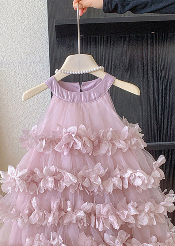 Stylish Purple O-Neck Floral Tulle Baby Girls Maxi Cake Dress Summer