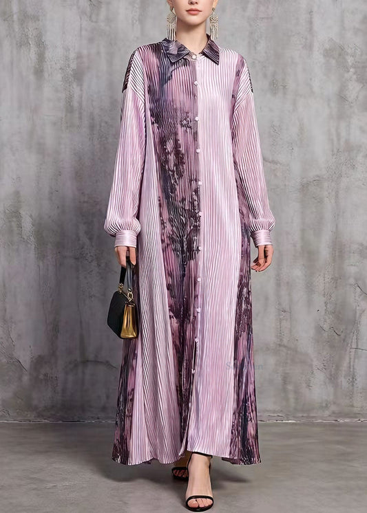 Stylish Purple Peter Pan Collar Print Wrinkled Silk Long Dresses Spring