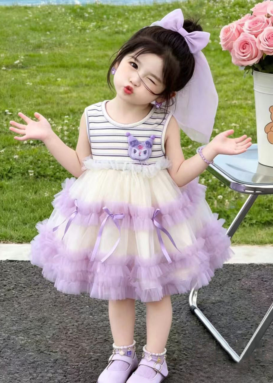 Stylish Purple Striped Patchwork Tulle Kids Girls Kuromi Dresses Summer