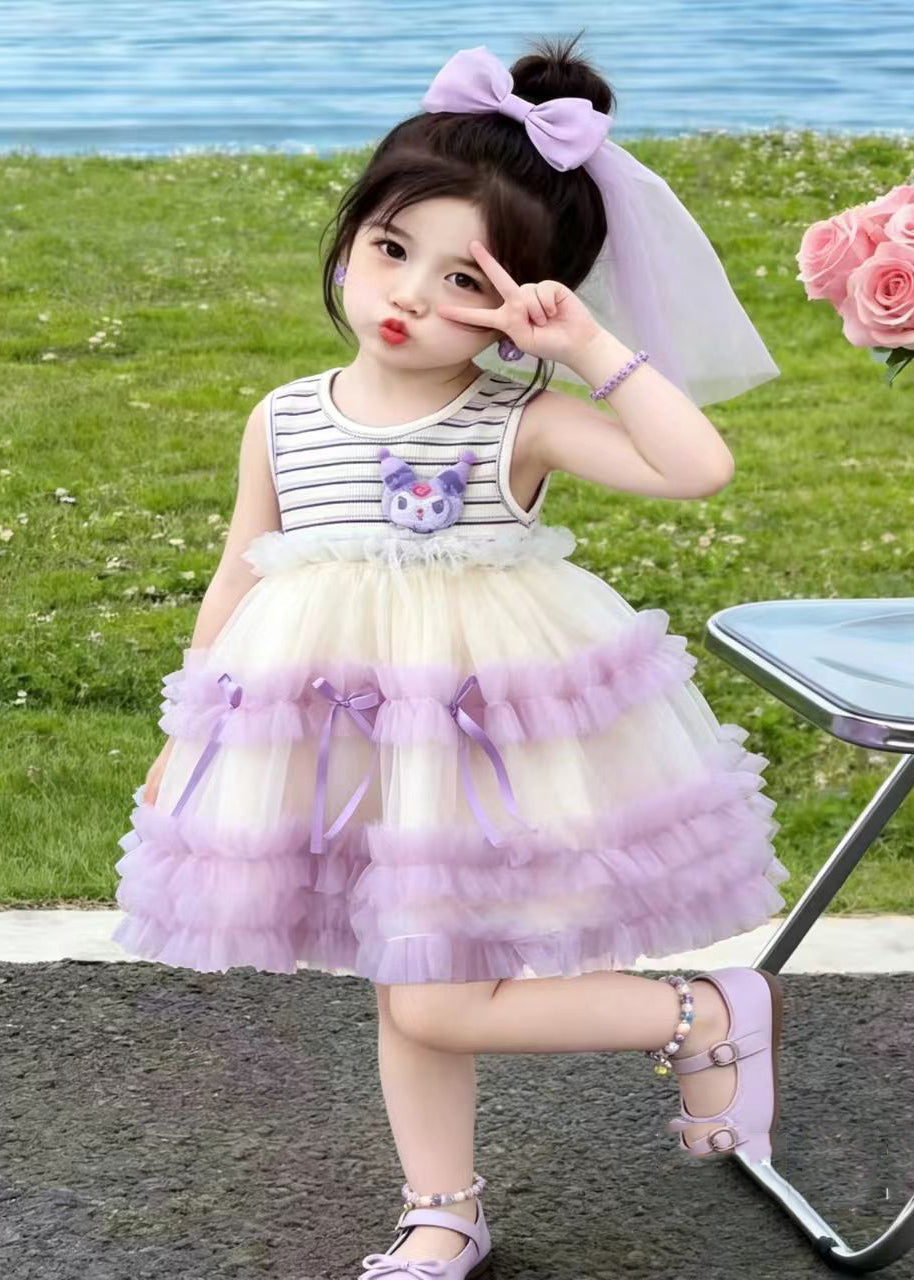 Stylish Purple Striped Patchwork Tulle Kids Girls Kuromi Dresses Summer