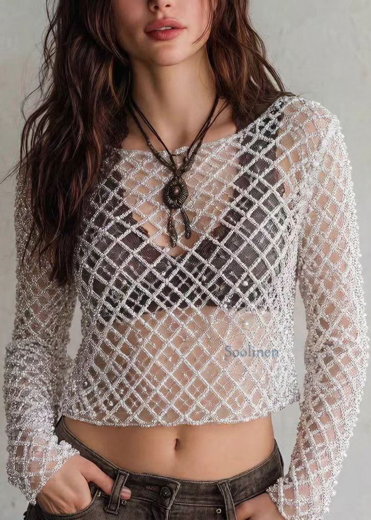 Stylish Silver O Neck Nail Bead Sequins Short Top Spring