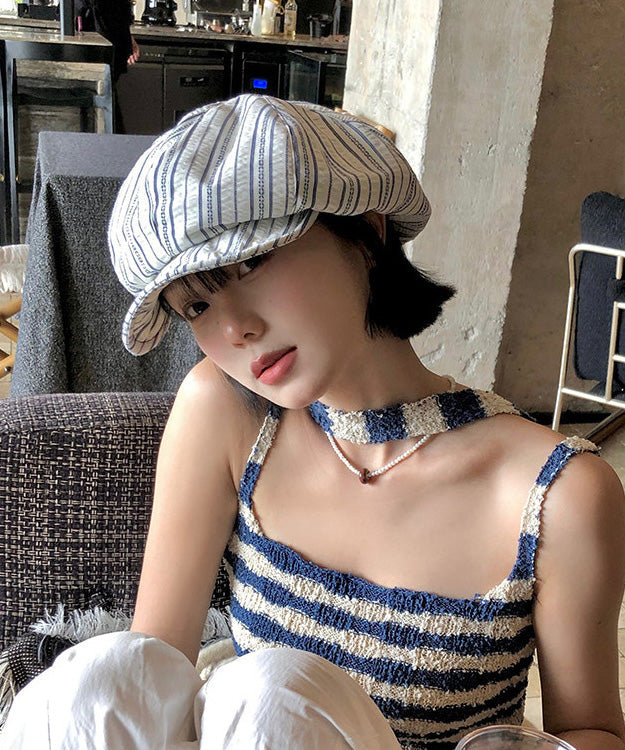 Stylish Striped Cotton Asymmetrical Breton Hat