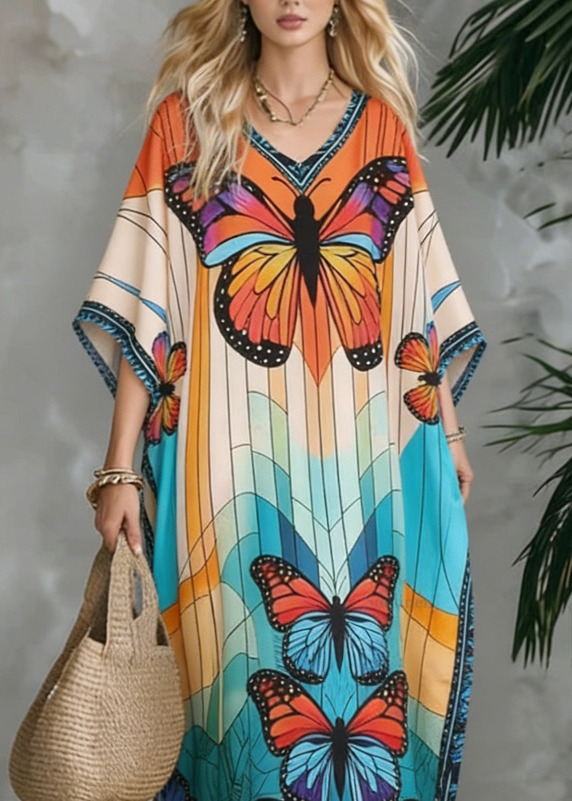 Stylish V Neck Butterfly Print Chiffon Maxi Dresses Summer