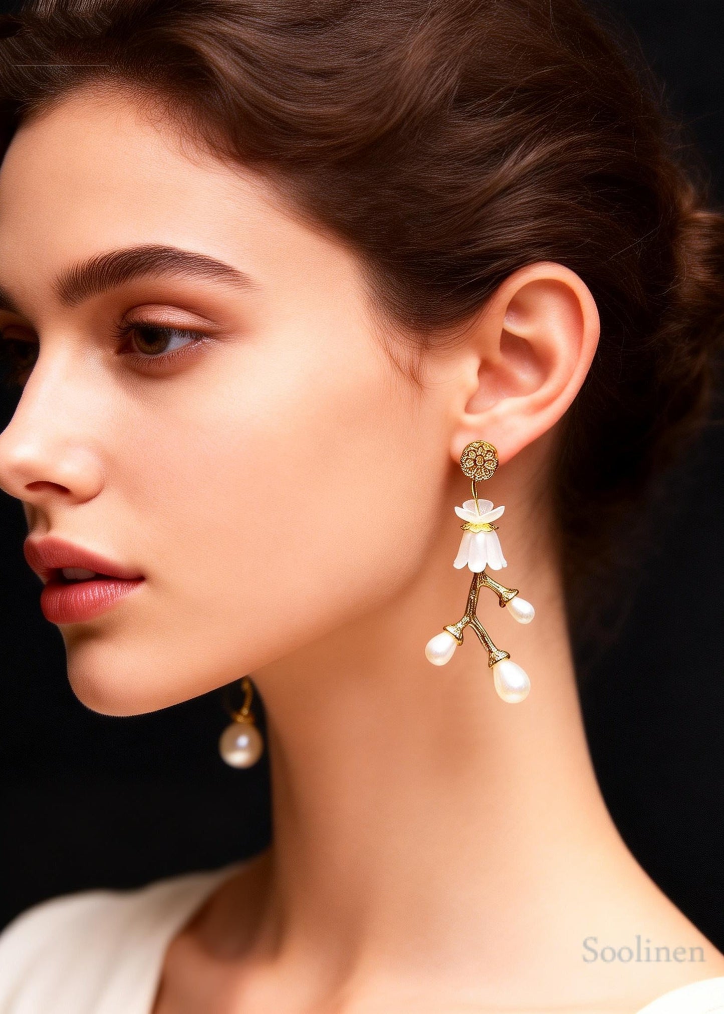 Stylish White Pearl Golden Branch Drop Earrings