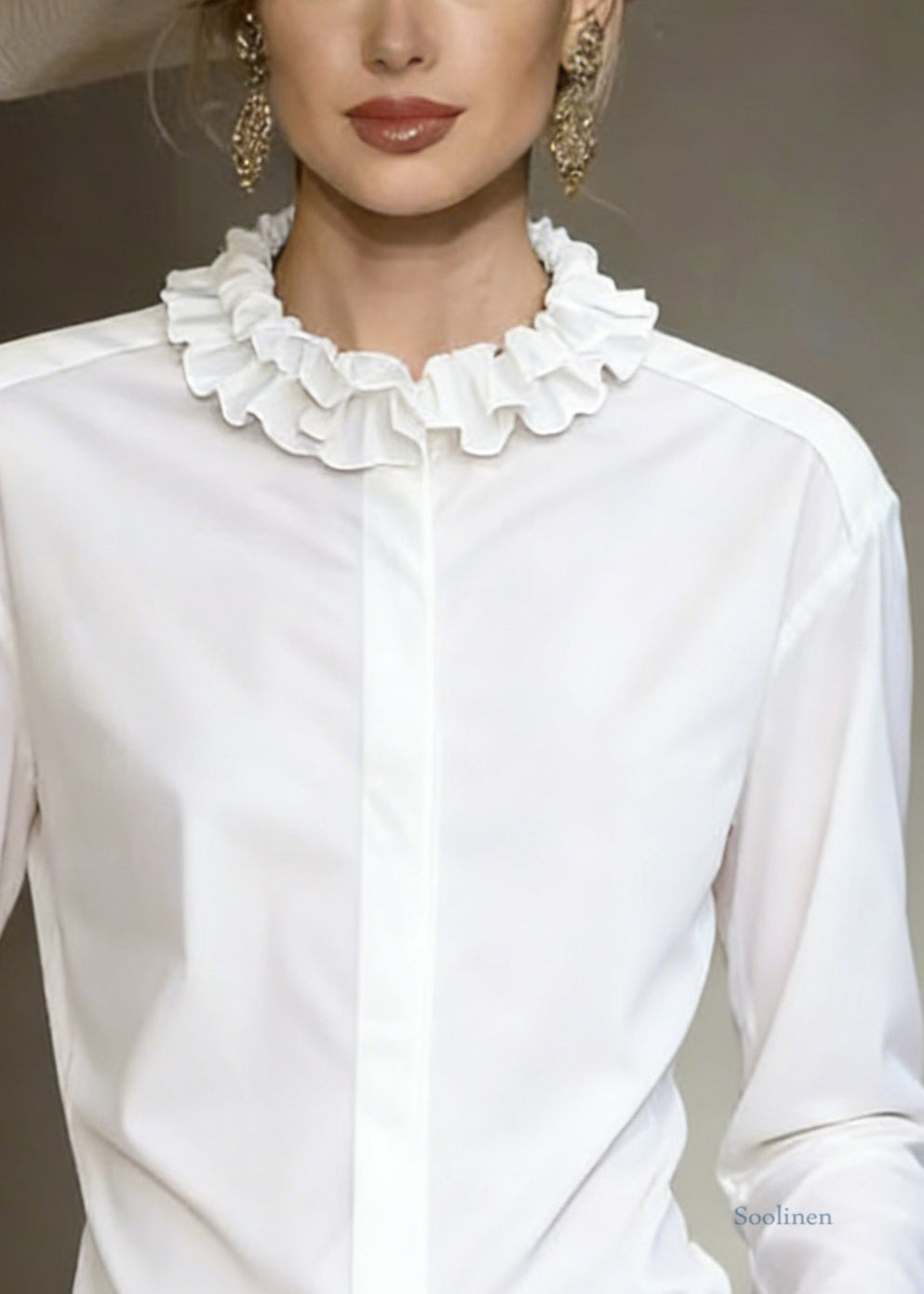 Stylish White Ruffled Button Solid Cotton Shirt Tops Fall