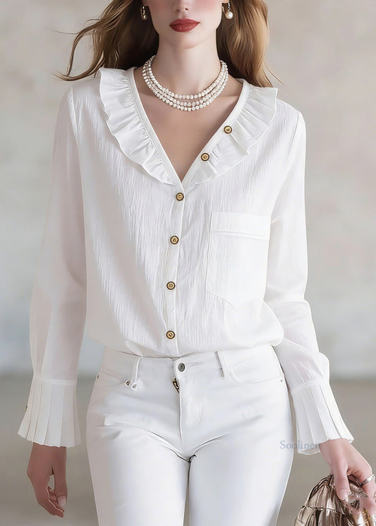 Stylish White Ruffled Patchwork Solid Tops Spring