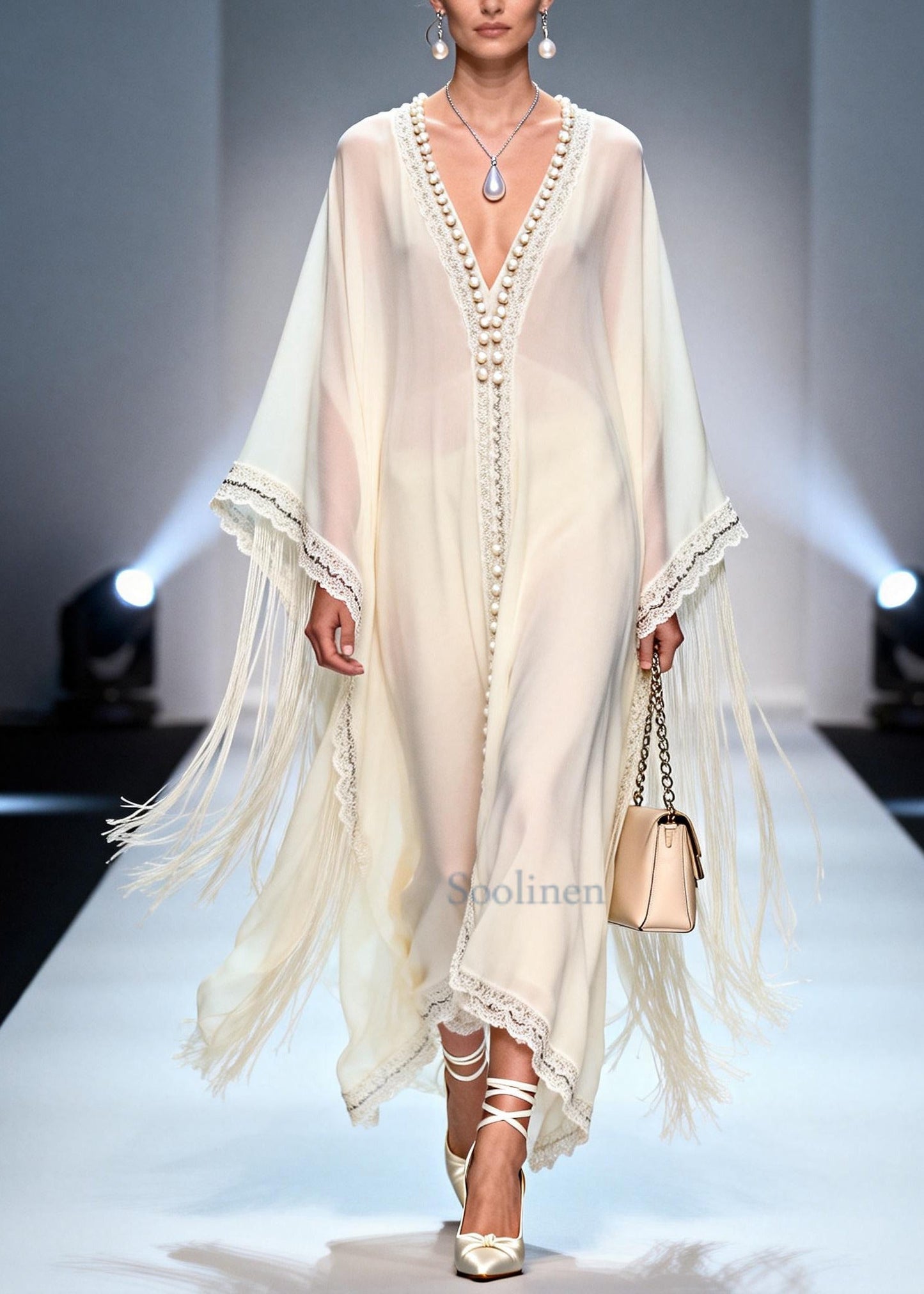 Stylish White Tasseled Handmade Pearls Chiffon Holiday Dress Summer