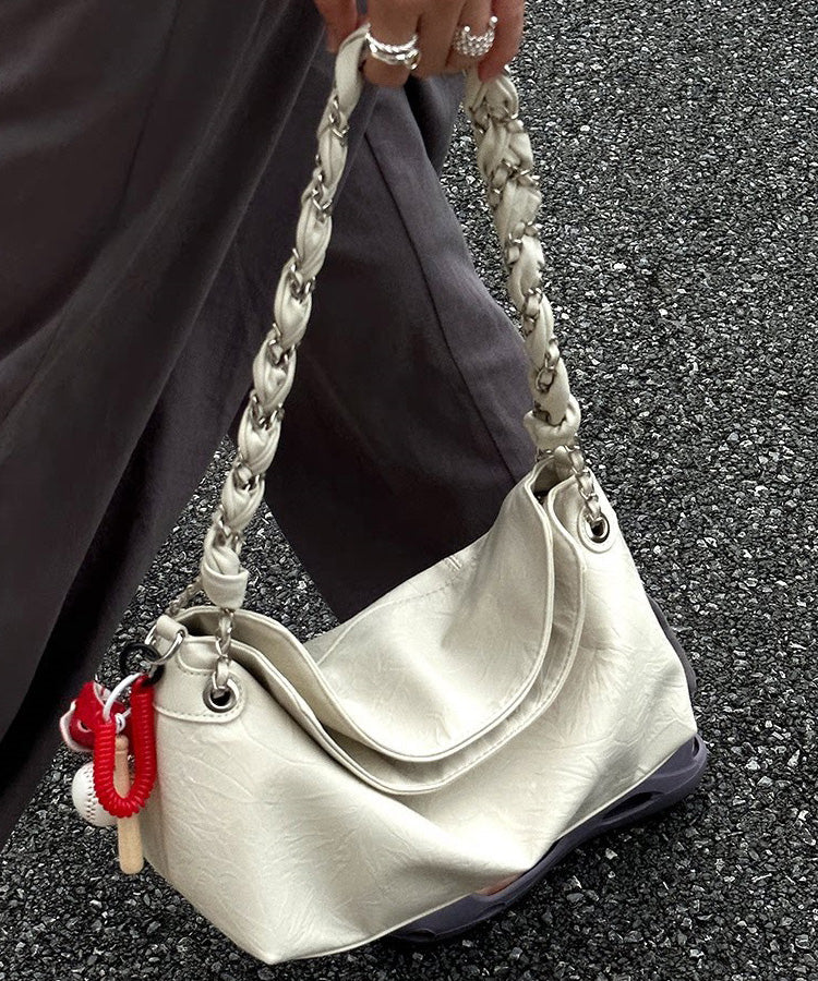 Stylish White Twist Chain Faux Leather Shoulder Bag
