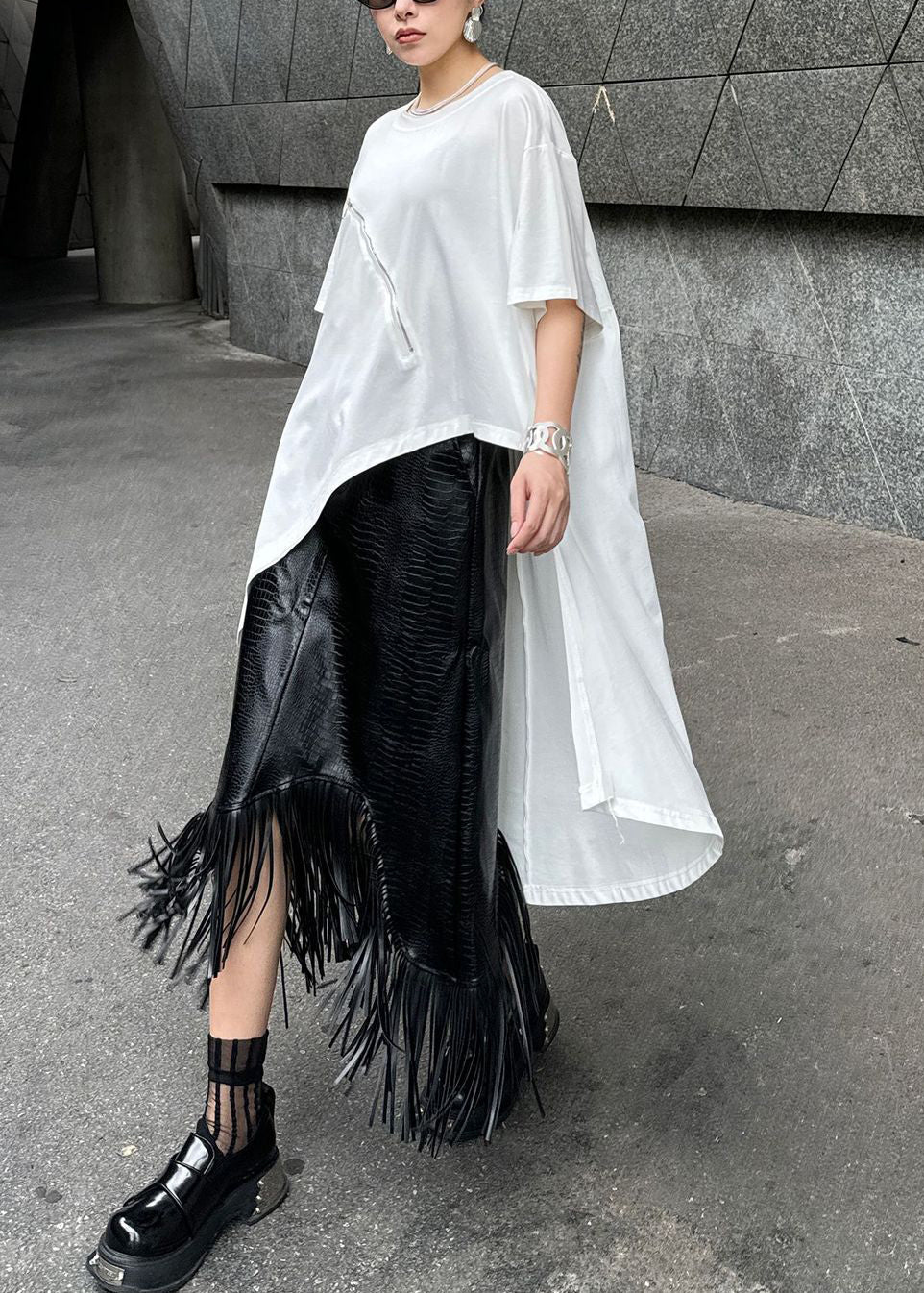Stylish White Zip Up Asymmetrical Design Cotton Top Summer