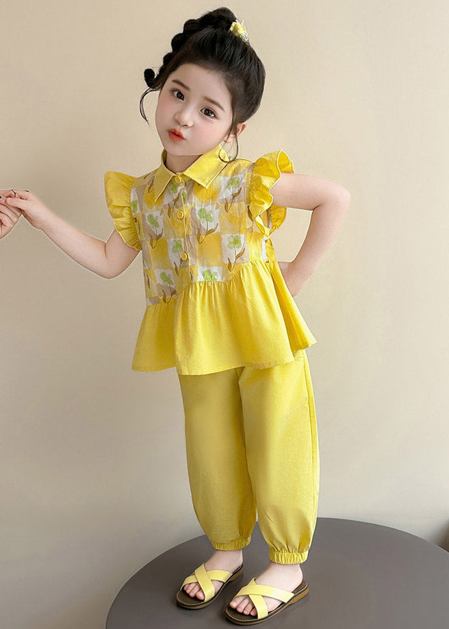 Stylish Yellow Peter Pan Collar Print Girls Top And Crop Pants Two Pieces Set Summer