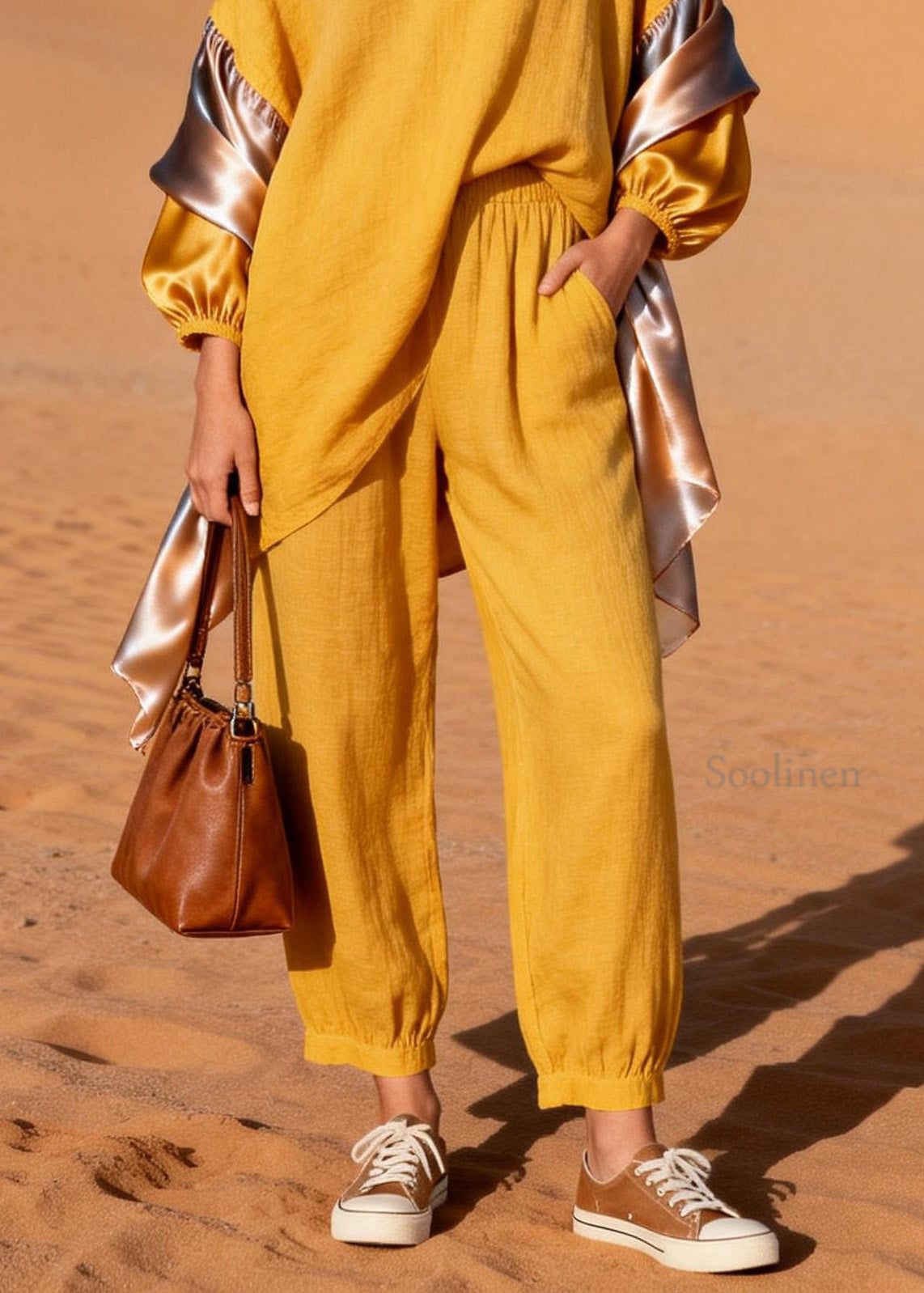 Stylish Yellow V Neck Patchwork Linen Silk Two Pieces Set Spring