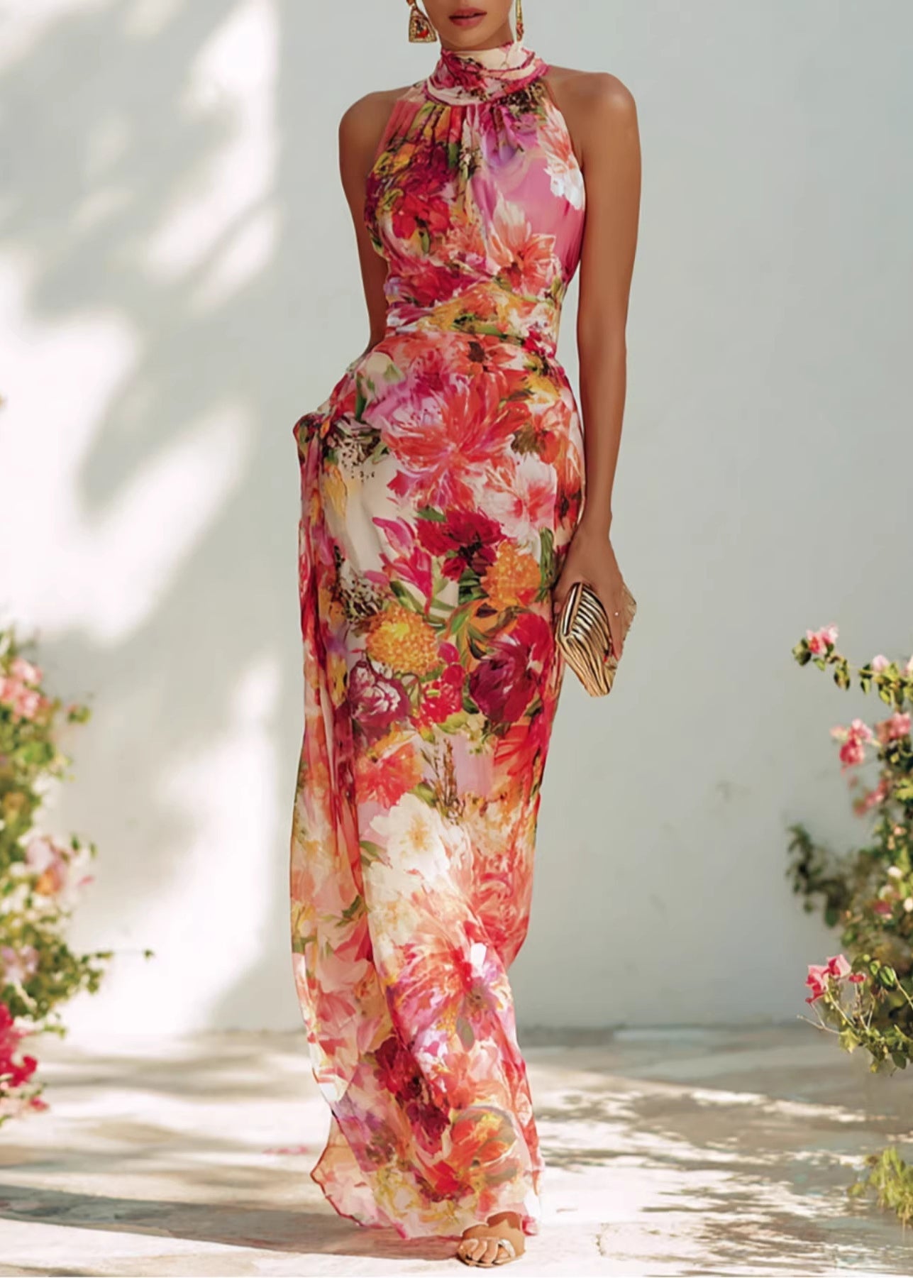 Summer French Style Elegant Print Hanging Neck Sleeveless Chiffon Dress