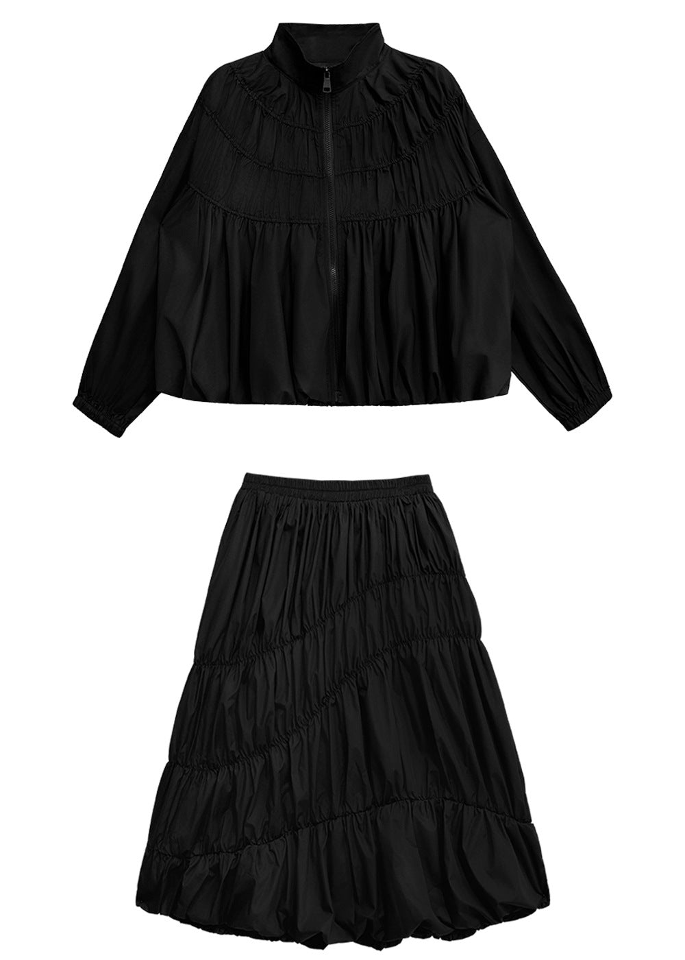 Unique Black Zip Up Wrinkled Cotton Two Pieces Set Fall