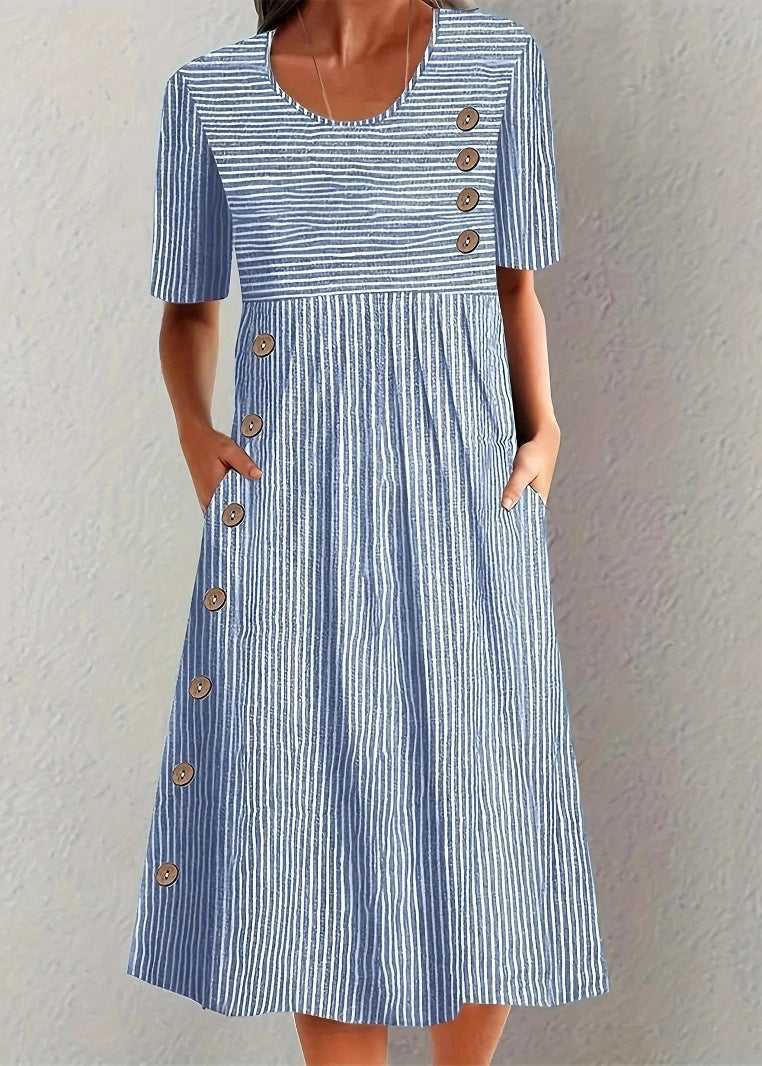 Unique Blue O Neck Striped Pockets Cotton Dress Summer