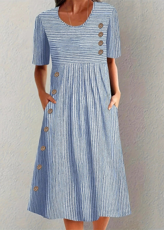 Unique Blue O Neck Striped Pockets Cotton Dress Summer