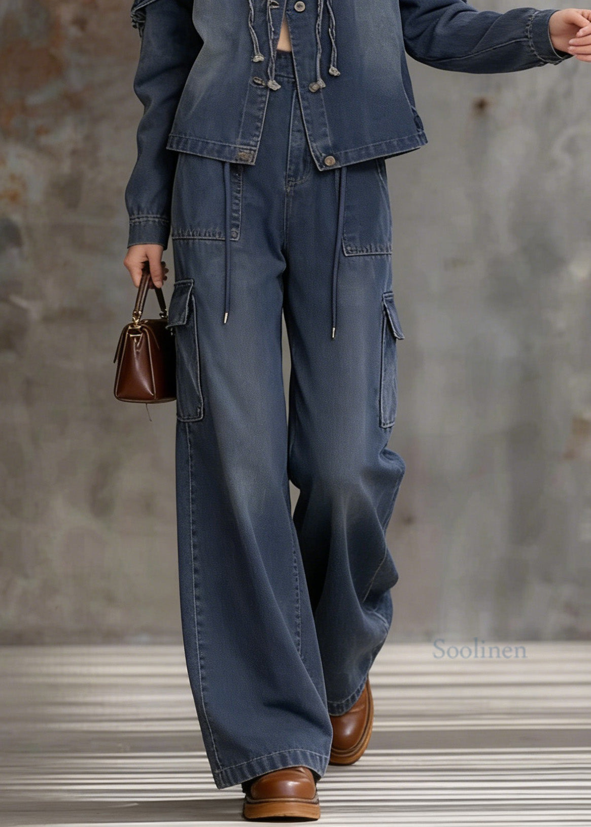 Unique Blue Ruffled Pockets Patchwork Denim Two Pieces Set Spring