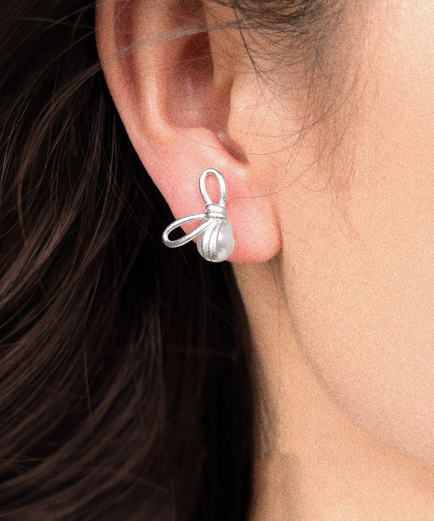 Unique Copper Overgild Bow Pearl Stud Earrings